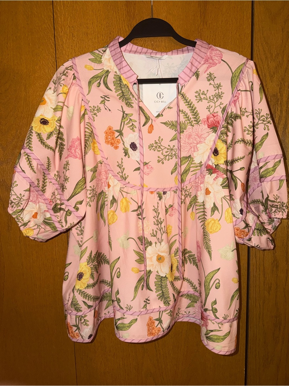 Cecy Bell Pink Floral Puff-Sleeve Blouse